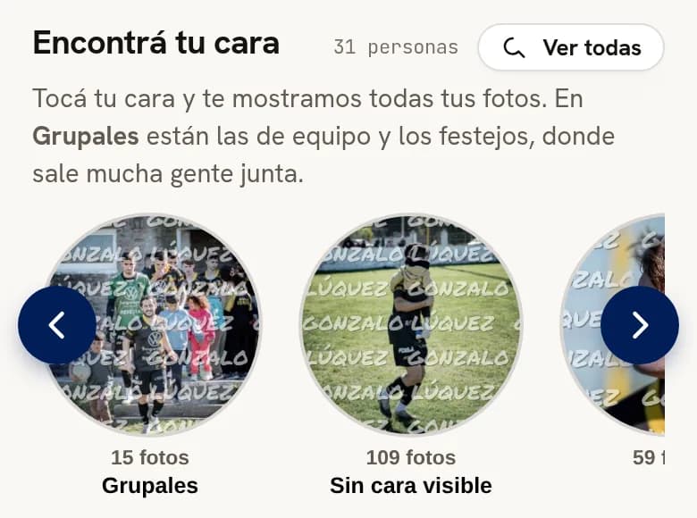 La fila de caras de un álbum, con las categorías Grupales y Sin cara visible