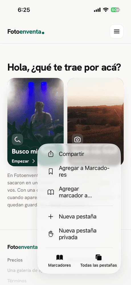 Menú de Safari con la opción Compartir