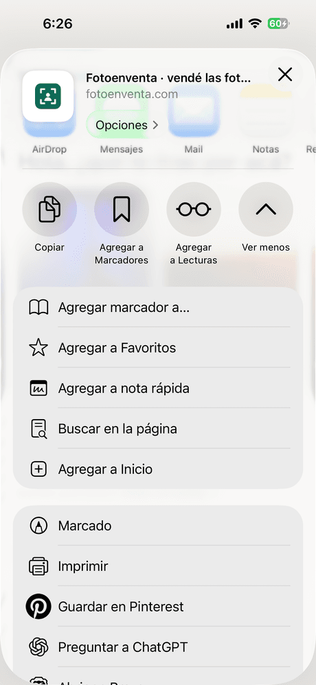Hoja de compartir de iOS con la opción Agregar a Inicio