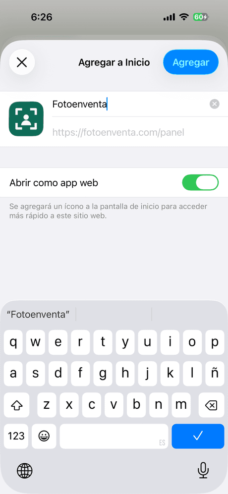 Pantalla Agregar a Inicio con el botón Agregar